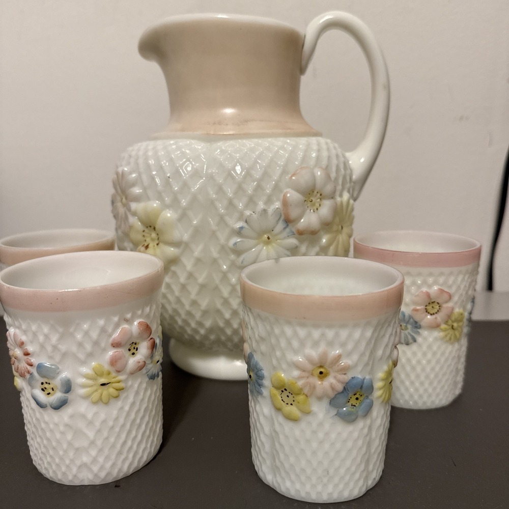 Antique Consolidated Art Glass Pitcher & 4 Tumblers Cosmos